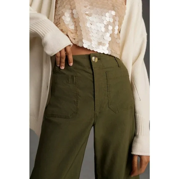 Anthropologie Maeve The Colette Crop Wide-Leg Pants Olive Green - Picture 2 of 14